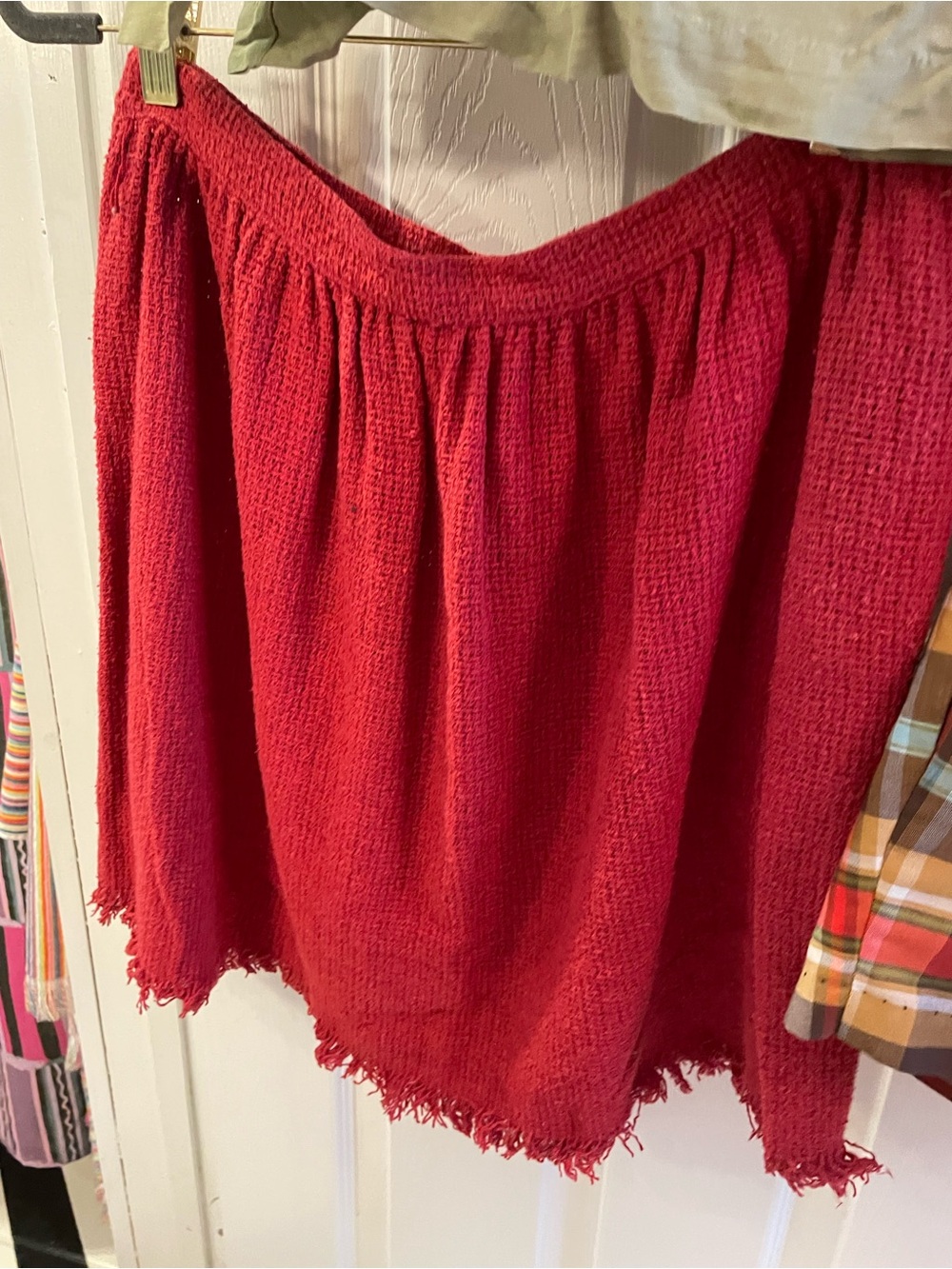 Rust Open Weave Mini Skirt with Textured Knit and Fri ged Hem Size 12